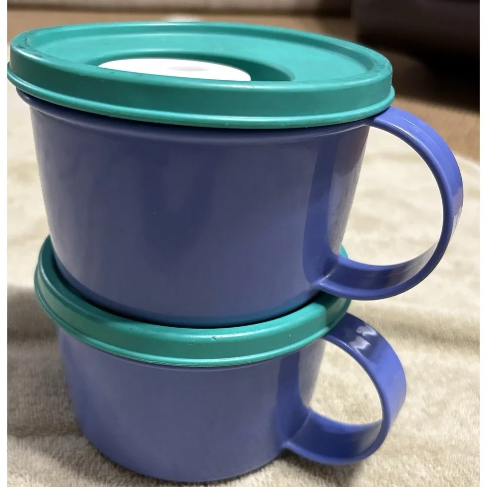 2-Tupperware Crystalwave 16oz Microwave Soup Bowls/Mugs-Blue w/Green Vented Lids